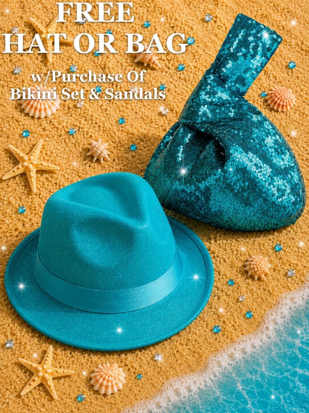 NEW Turquoise Sequin Bikini Sparkling Bling Swimsuit & Rhinestone Sandals +Gift - Picture 13 of 14